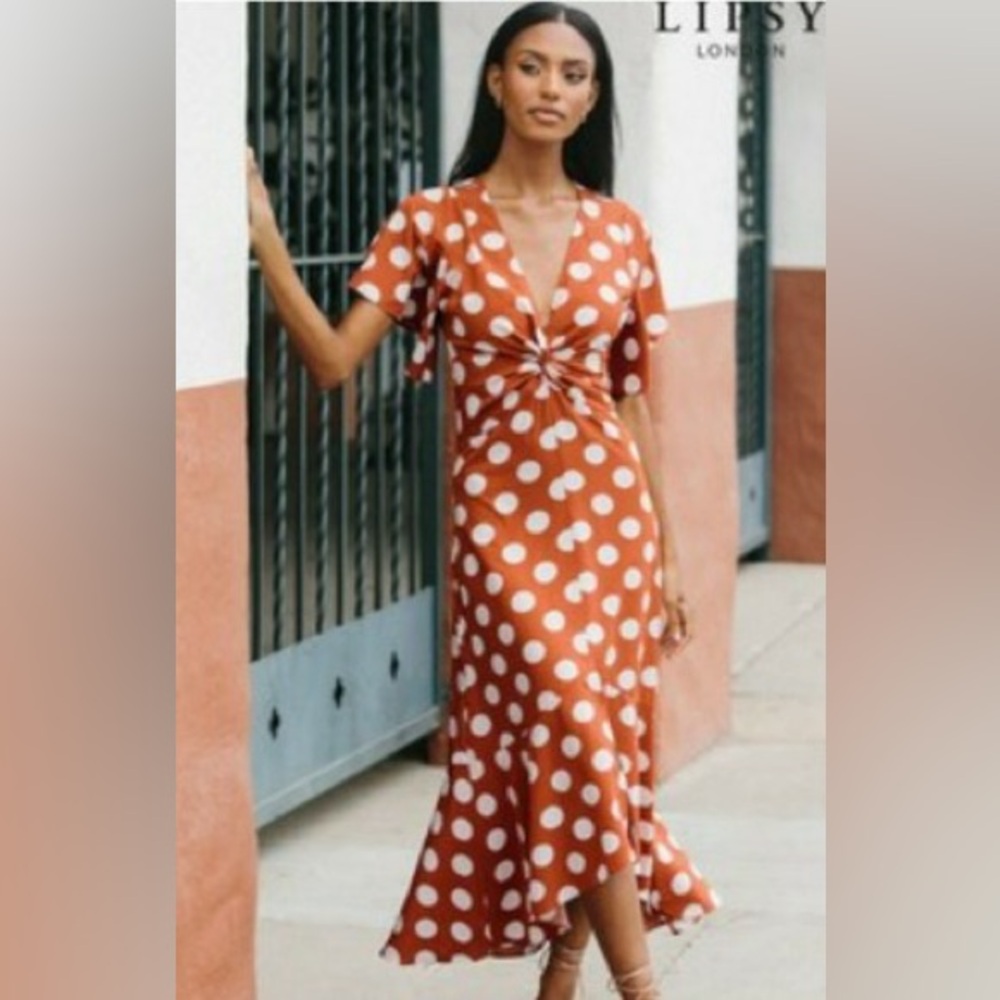 Lipsy Rust Polka Dot Midi Dress